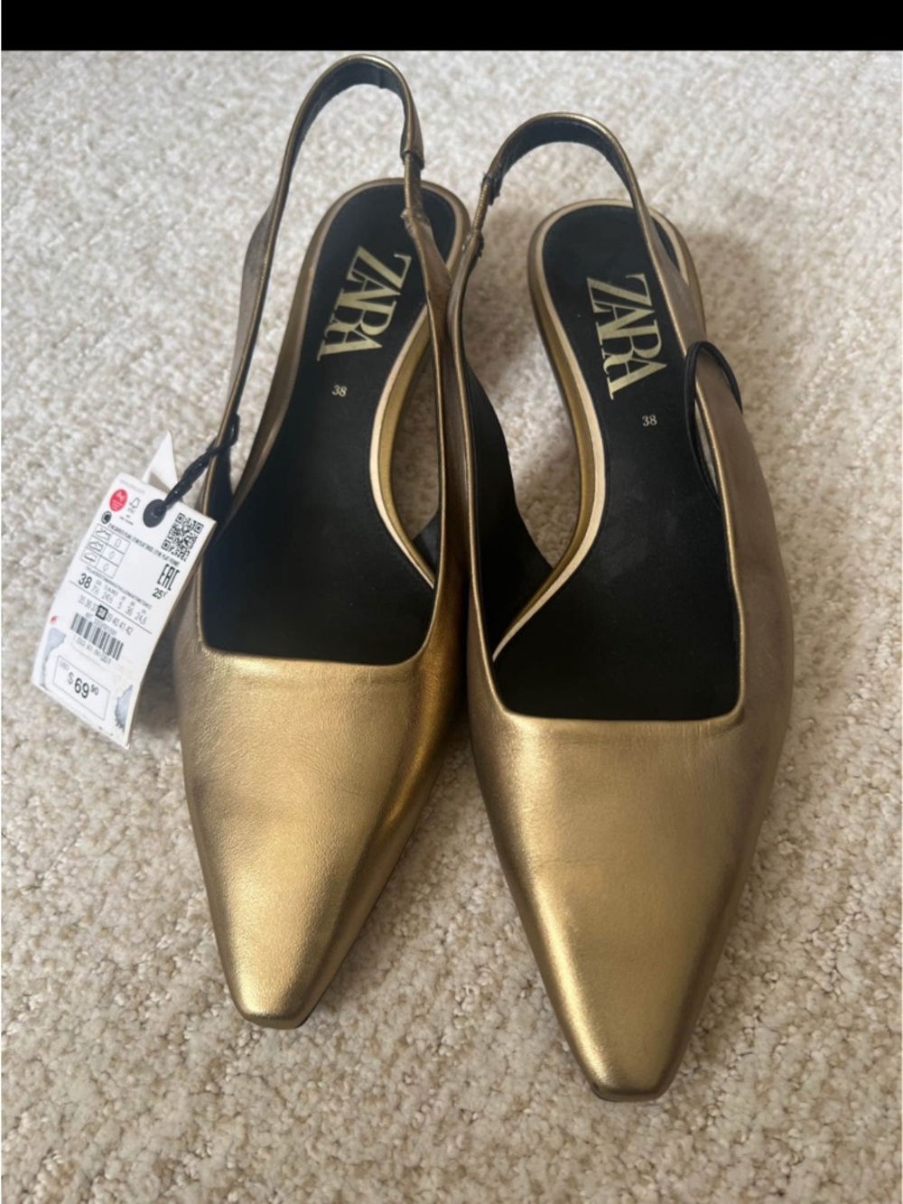 ZARA Gold Pointed Slingback Mules